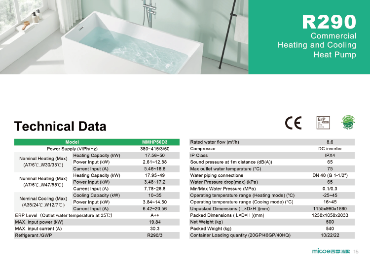 MICOE Commercial 50kw House Heating Heat Pump R290 Refrigerant With A+++ ERP factory