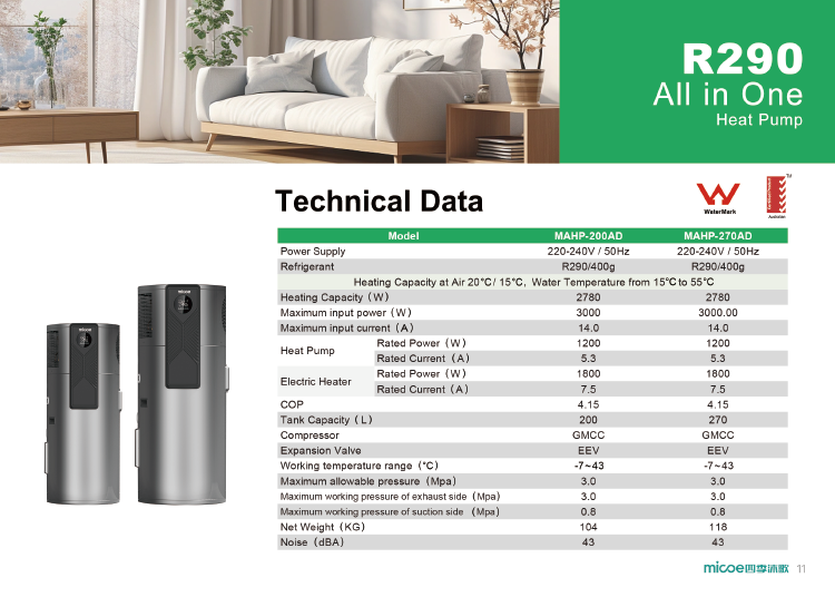 Micoe 75 Degree R290 All in One Wall Mounted Air To Water Heat Pump Water Heater supplier