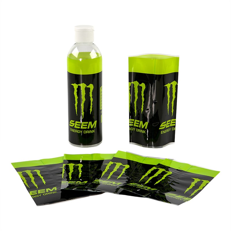 Full size heat shrink film label, compatible from small bottle to large barrel