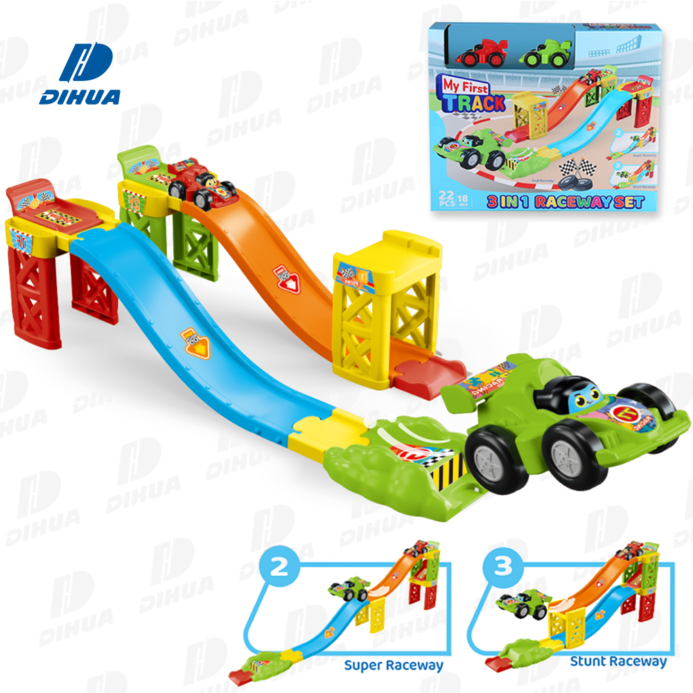 3WAYオートマチックレースウェイ トラックセット 2台のオートマチックカー付き 子ども向けインタラクティブなレースとスタントチャレンジ用複数組み合わせ可能