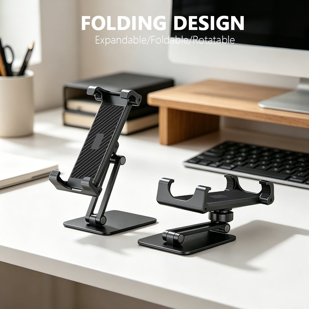 Universal Desktop Lazy Tablet Phone Holder Stand H151+C113 – Foldable Aluminium Alloy 360° Rotatable Multi-Angle Adjustable Stand for 4.7-12.9 inch iPad/iPhone/Samsung/Huawei/Xiaomi, Home Office Desk Use