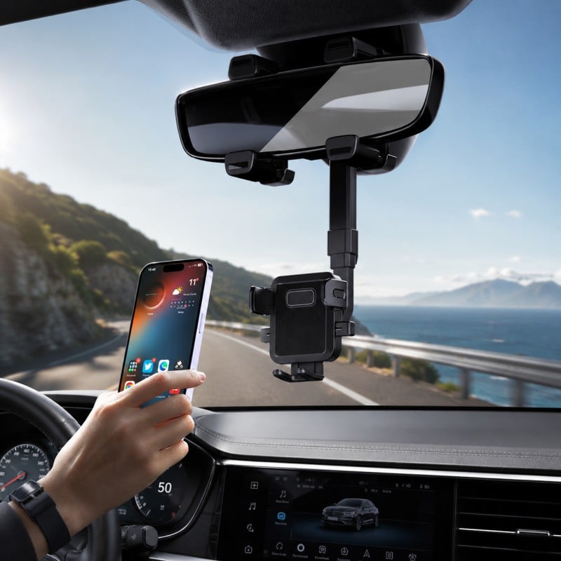 Adjustable Height 360° Car Rearview Mirror Phone Mount H152+C144 – Universal Rearview Mirror Phone Holder with 2-Axis Adjustable Arm, 360° Rotatable, for 4-7 Inch Smartphones on Car Rearview Mirror