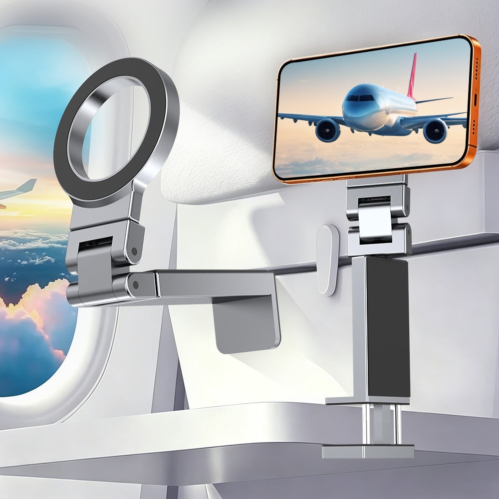 Magnetic Airplane Phone Holder H155 – Foldable Travel Phone Stand with 20pcs N52 Magnets, 360° Rotatable, Spring-Loaded Clamp for Airplane Tray Table, Luggage Handle, Desktop, for 4-7 inch Smartphones