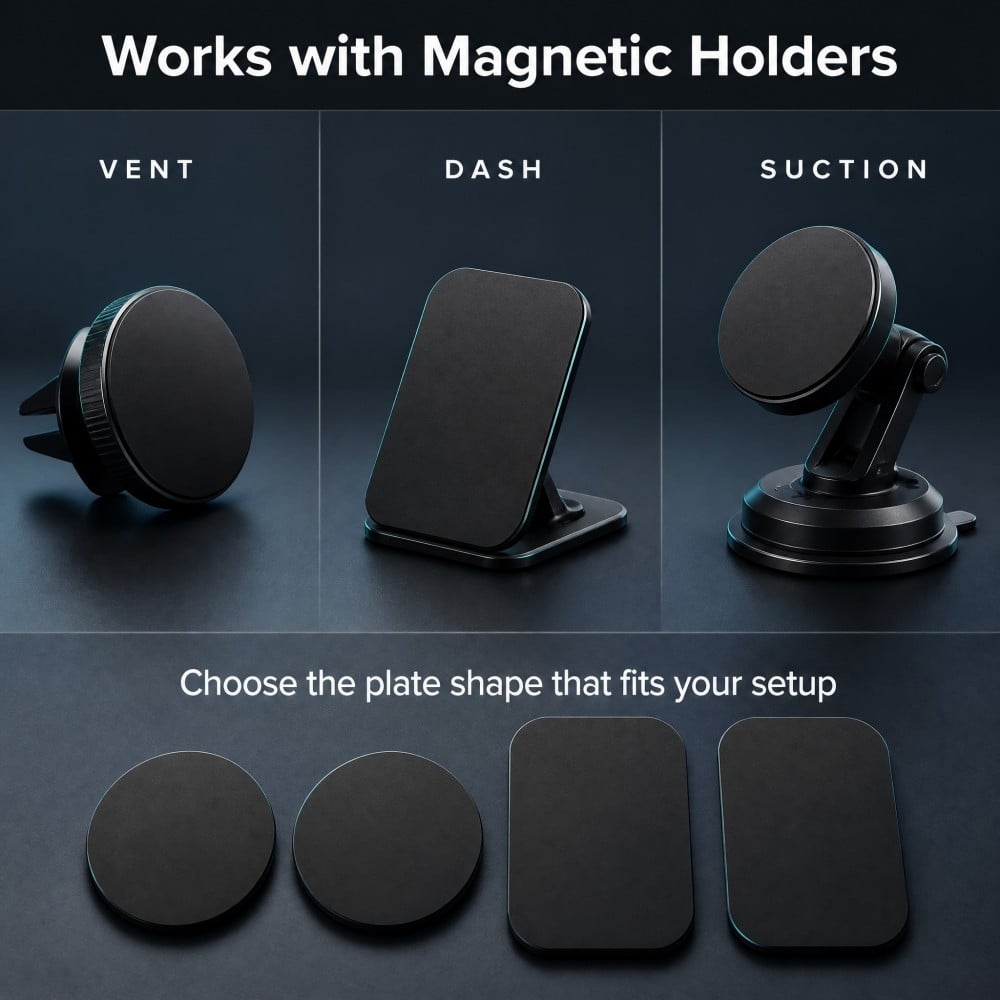 Adhesive Thin Metal Plates for Magnetic Car Mount – 4 Pieces Metal Plates for Phone Case (2 Rectangular & 2 Round), Universal Fit for Smartphones, Tablets, Cases, Strong Adhesive, Compatible with Magnetic Phone Holders