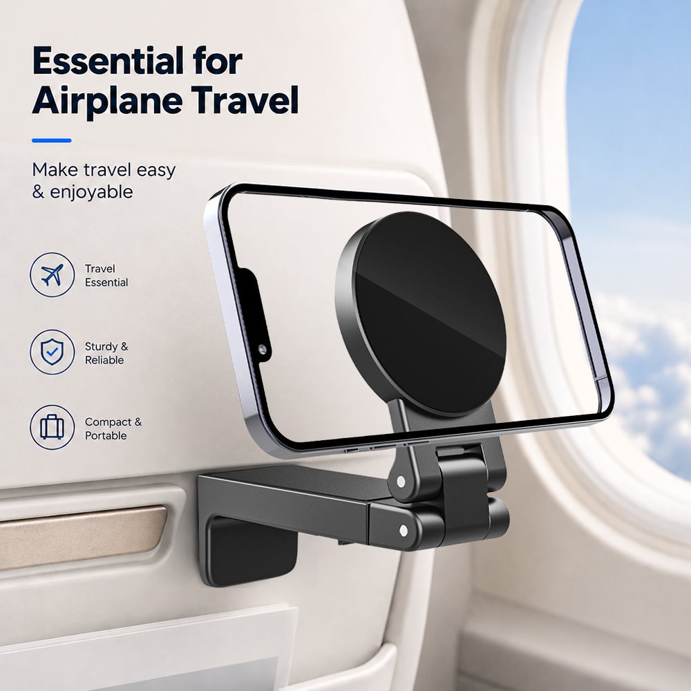 Portable Flexible Magnetic Phone Holder Folded Phone Stand for Airplane Travel Strong Holder for Mobile Phone Desk Usage H161 – 20pcs N52 Magnets, 360° Rotation, Zinc Alloy, Foldable, for 4-7 inch Smartphones