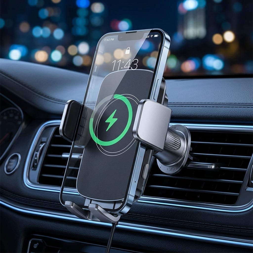 15W Smart Auto Coil Induction Car Wireless Charger H141+C138 – Automatic Clamping Air Vent Phone Mount, Fast Charging for iPhone/Samsung