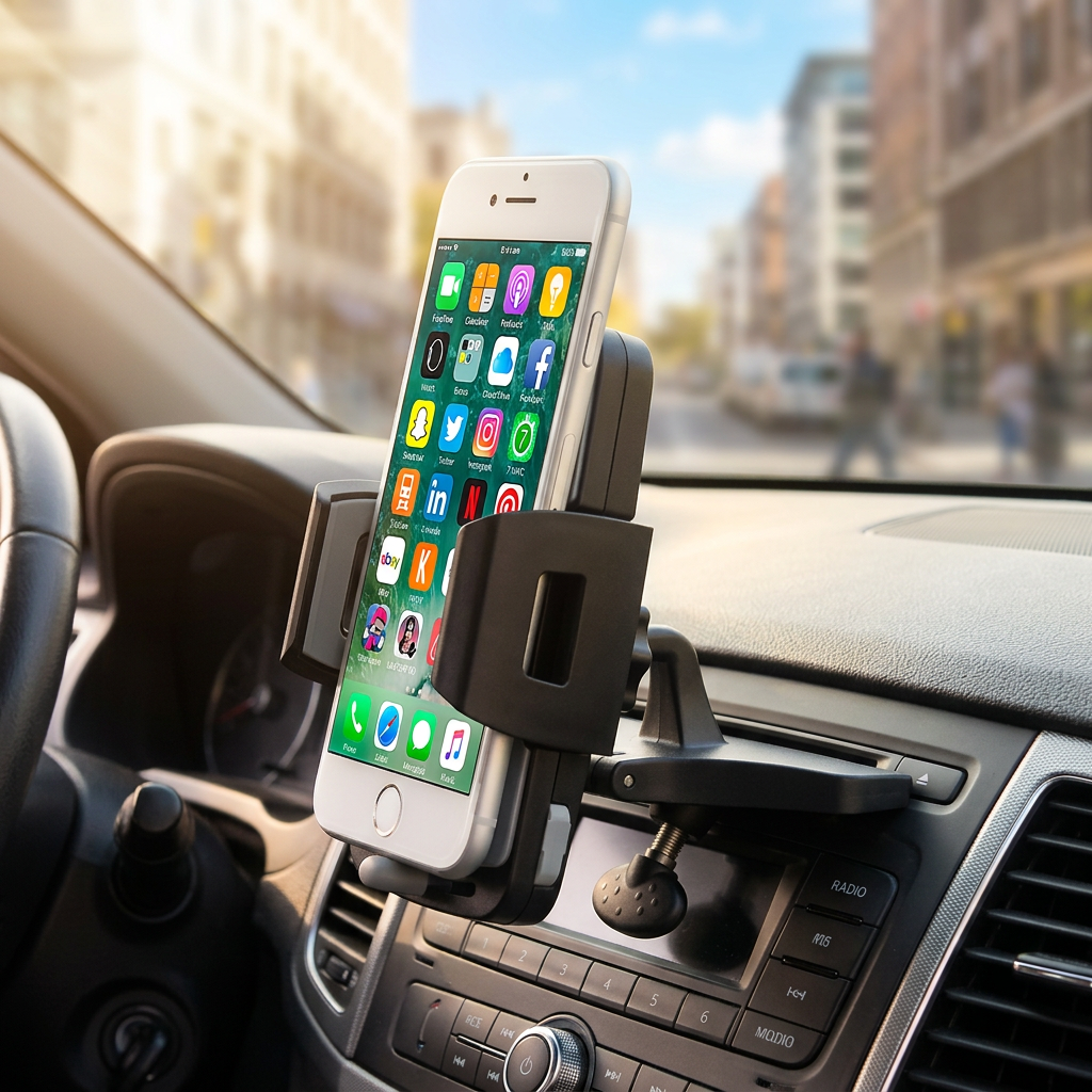 Sturdy CD Slot Phone Holder with One Hand Operation Design H106+C102 – 360° Rotation, 52-95mm Adjustable Width, One-Touch Release, for 4-7 Inch Smartphones on Car CD Slot Only