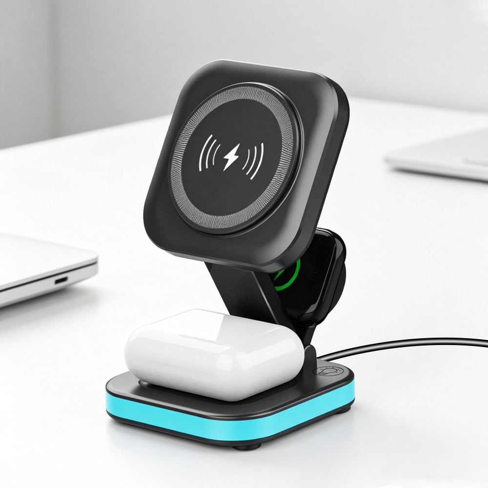 Portable 5 in 1 Wireless Charger Stand A03 – 15W Foldable Magnetic Desktop Charging Station for iPhone/iWatch/AirPods, Multi-Device Wireless Charging Dock with 5W Headphone + Watch Charging, Type-C Input