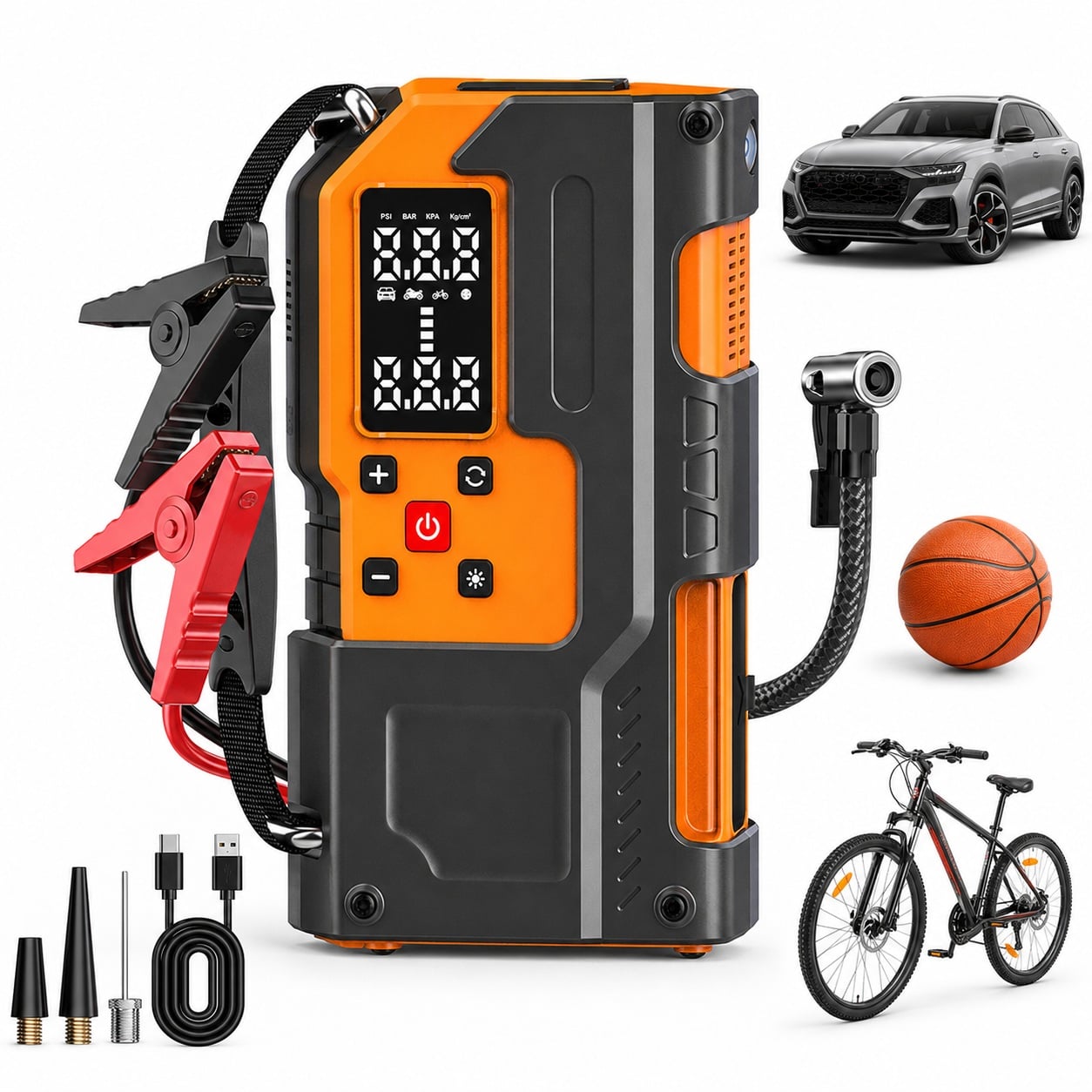 Portable Jump Starter with Tire Inflator MU-006A – 150PSI 120W Air Compressor, 8000mAh Battery Jump Starter for Gas/Diesel Engines, Power Bank, with Emergency LED Light