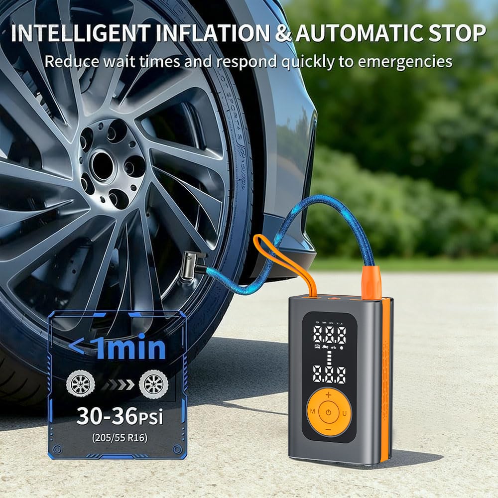 Portable Tire Inflator with Smart Digital Display Electric Car Air Pump MU001 – 150PSI High Power, Preset Pressure Auto Shut-Off, 4000mAh Built-in Battery, LED Emergency Light, for Car/Motorcycle/Bicycle/Ball