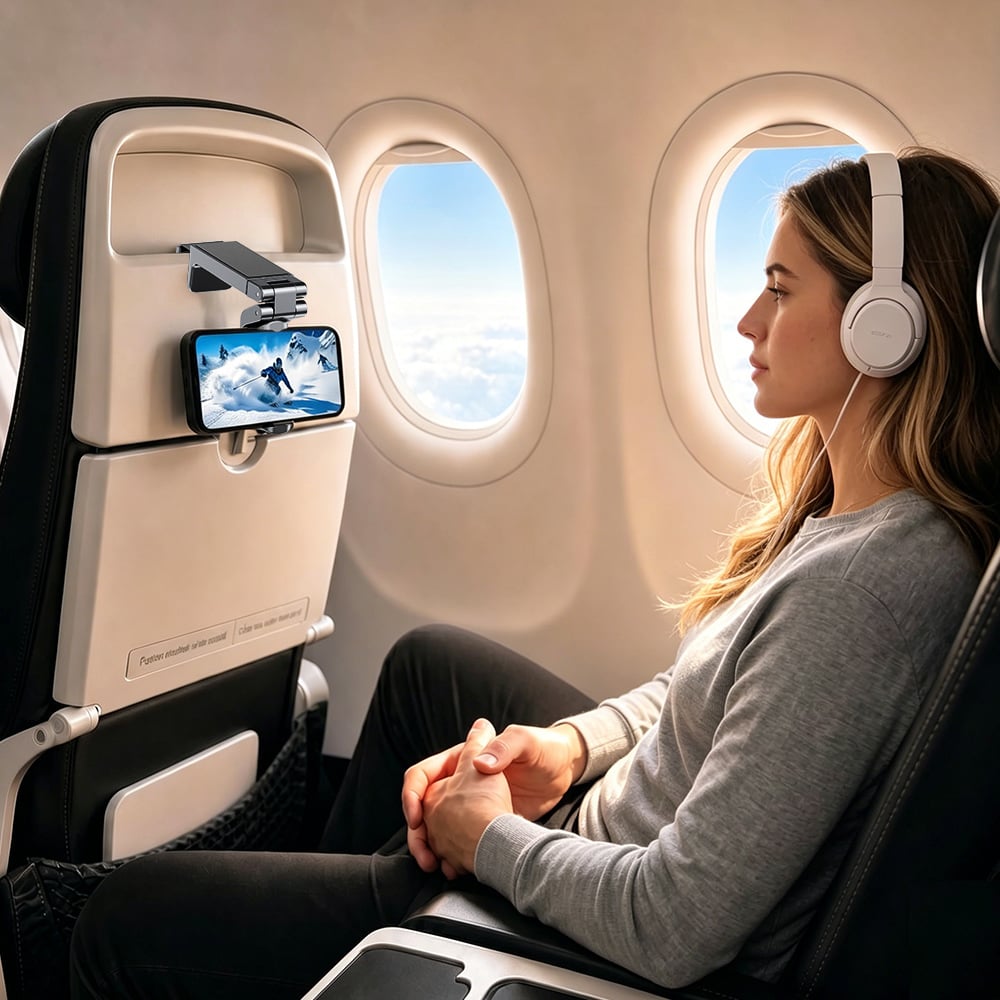 Portable Travel Essential Phone Holder Flexible Airplane Phone Holder Adjustable Cabinet Phone Mount H167 – 360° Rotation, Clip/Stand Modes, for 4-7 inch Smartphones, for Airplane/Desk/Cabinet