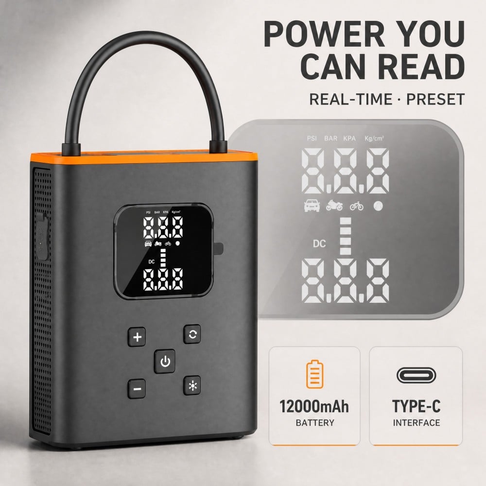 Tire Inflator Portable Air Compressor with Jump Starter MU-009 – 150PSI, 25mm Single Cylinder, 12000mAh 12V Car Battery Jump Starter with Digital Pressure Gauge, 7-in-1 Emergency Tool for Car/Motorcycle/Bike/Balls