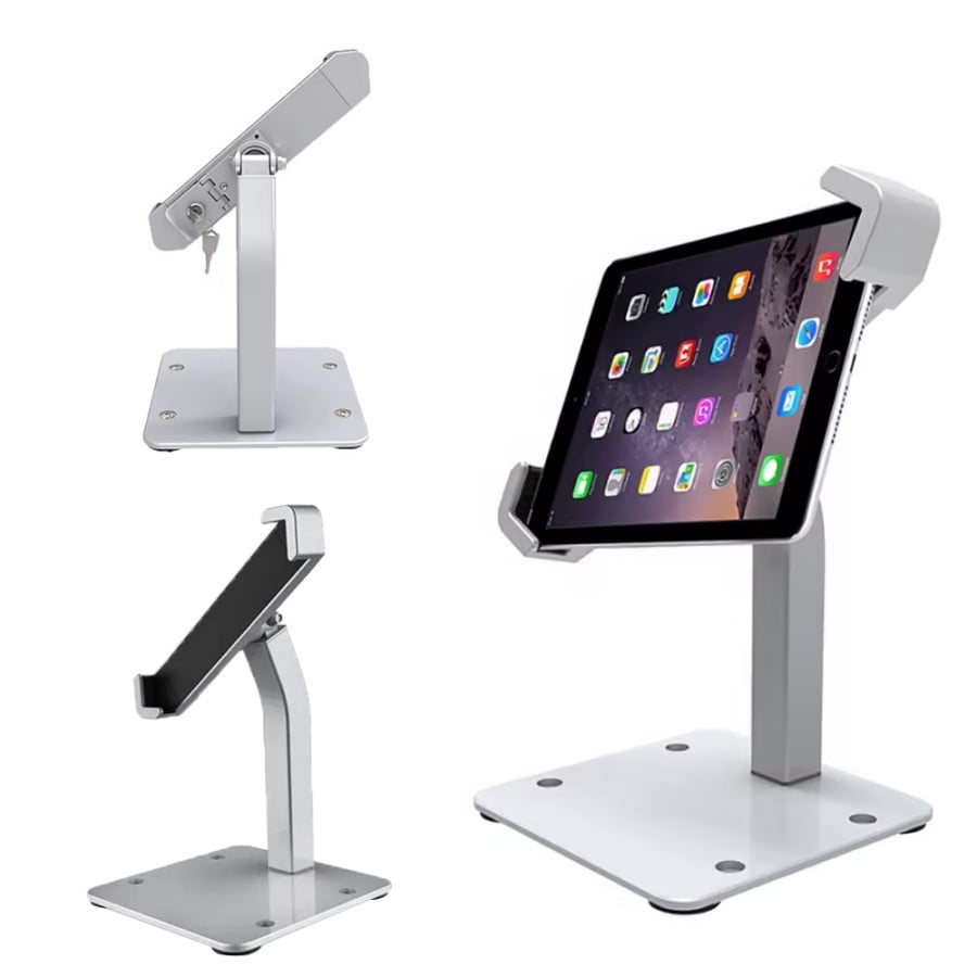 New Metal Tablet Stand 7-10.5'' Security Mount H84A+C120 – Aluminum Alloy Desk Tablet Holder with Lock, Adjustable Clamp & 360° Rotation， Anti-Theft for Tablet PC