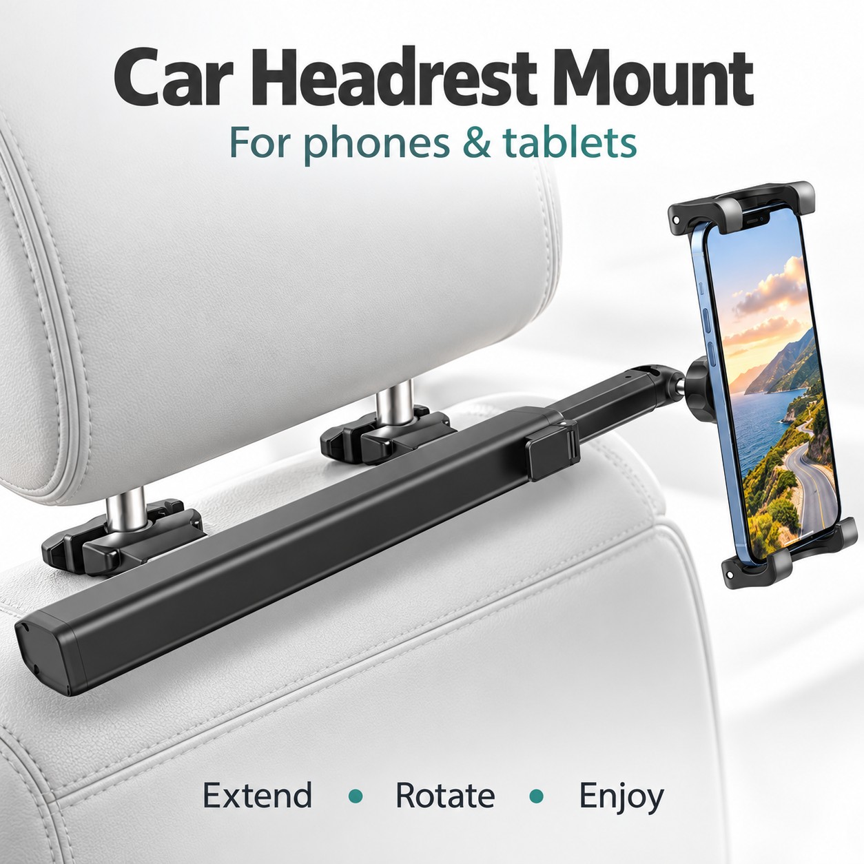 Aluminum Alloy Car Headrest Mount Universal Tablet Holder Car Backseat Stand Cradle H148+C113 – Fits 4.7-12.9" Devices, Quick Flick Lock Clamp, 360° Rotatable, for iPad/Samsung/Phones, Backseat Entertainment