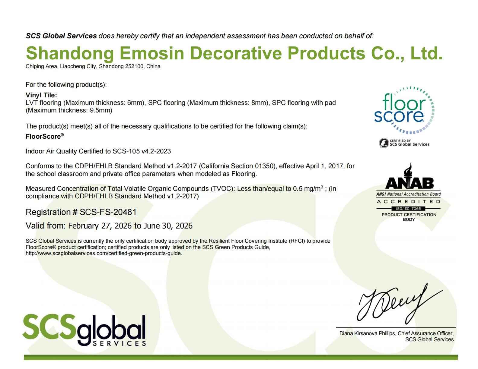 Shandong Emosin Achieves FloorScore® Certification for Eco-Friendly Vinyl Flooring