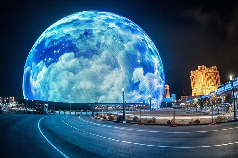 Custom sphere LED display providing 360-degree immersive visuals in a modern indoor exhibition hall