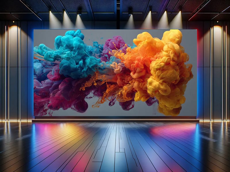 A high-resolution indoor LED video wall installed in a modern stage venue, displaying vibrant colored smoke visual effects.jpg