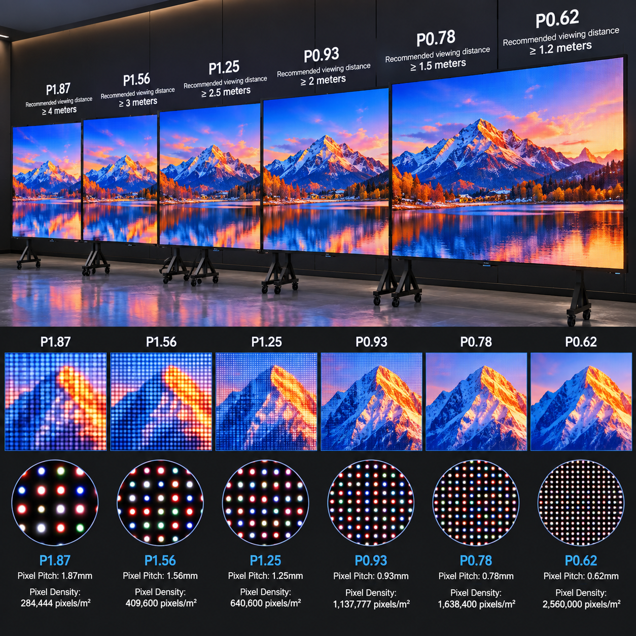 COB LED display pixel pitch comparison from P1.87 to P0.62 with recommended viewing distances.png