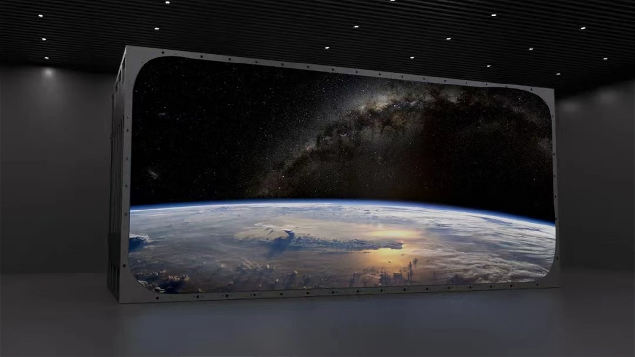 Visitors experiencing a 360-degree immersive LED display room with seamless screen splicing