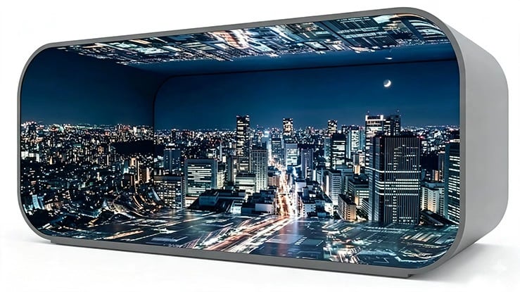 Curved immersive LED display enclosure showing a panoramic nighttime cityscape