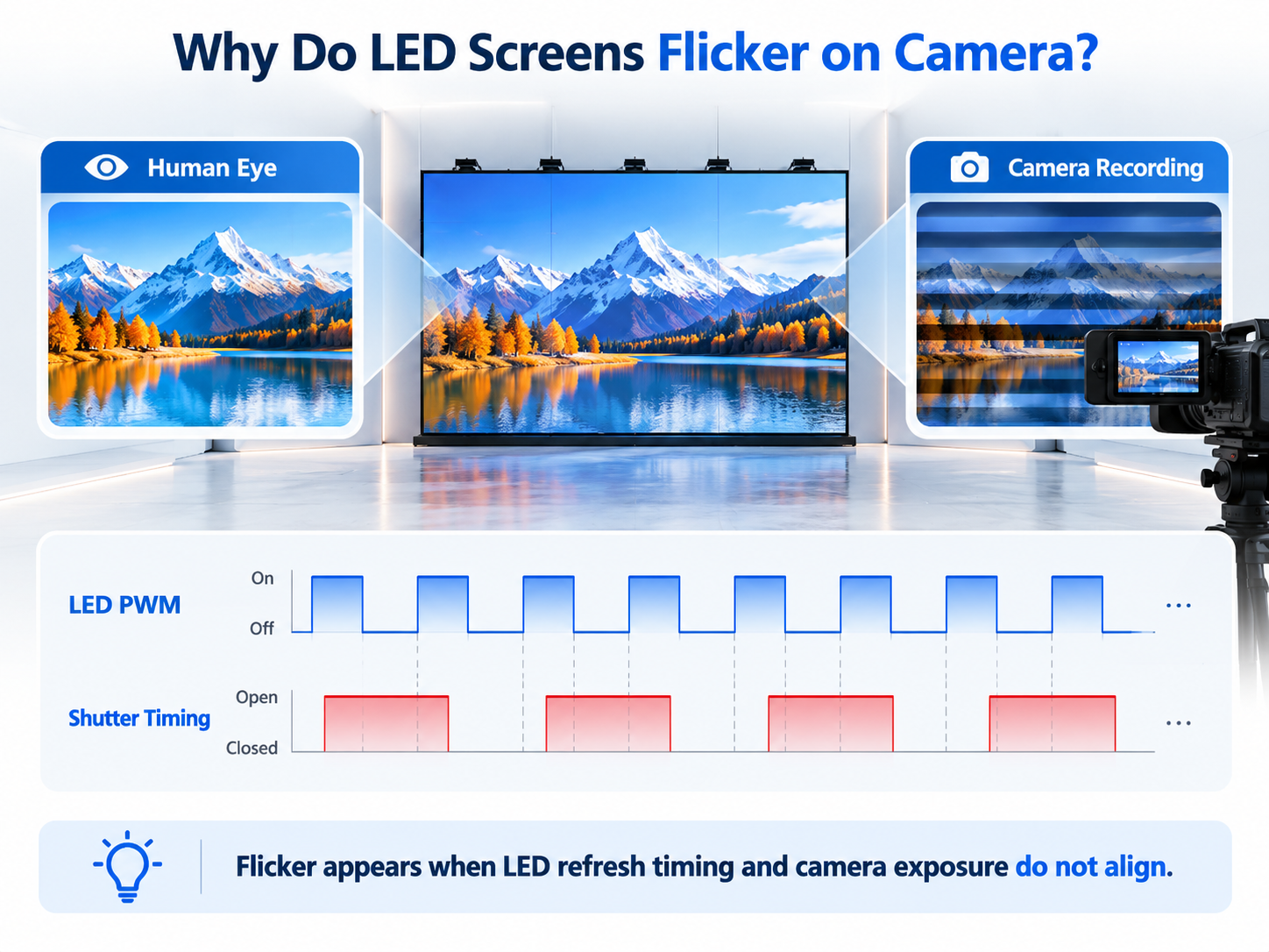 LED screen flicker on camera caused by refresh rate and shutter timing mismatch