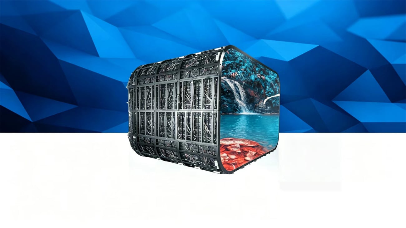 Close-up showing flexible LED screen soft modules bending to create a seamless curved immersive wall