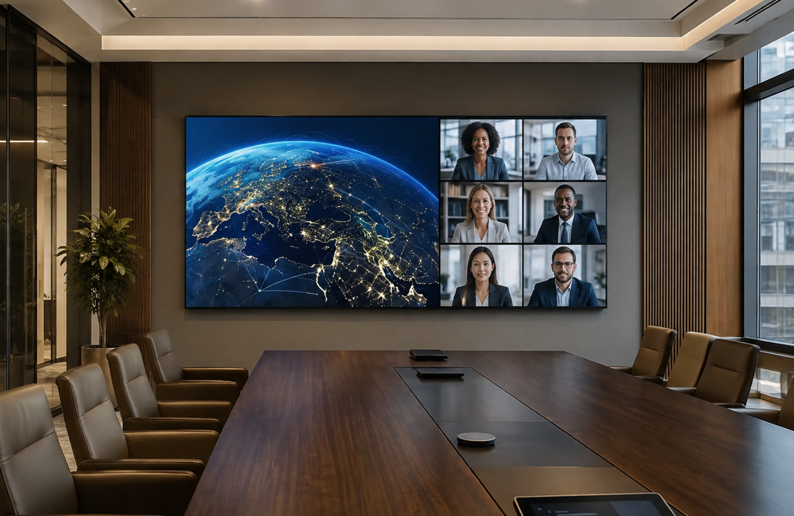 P1.25 fine pitch LED video wall installed in a modern executive boardroom