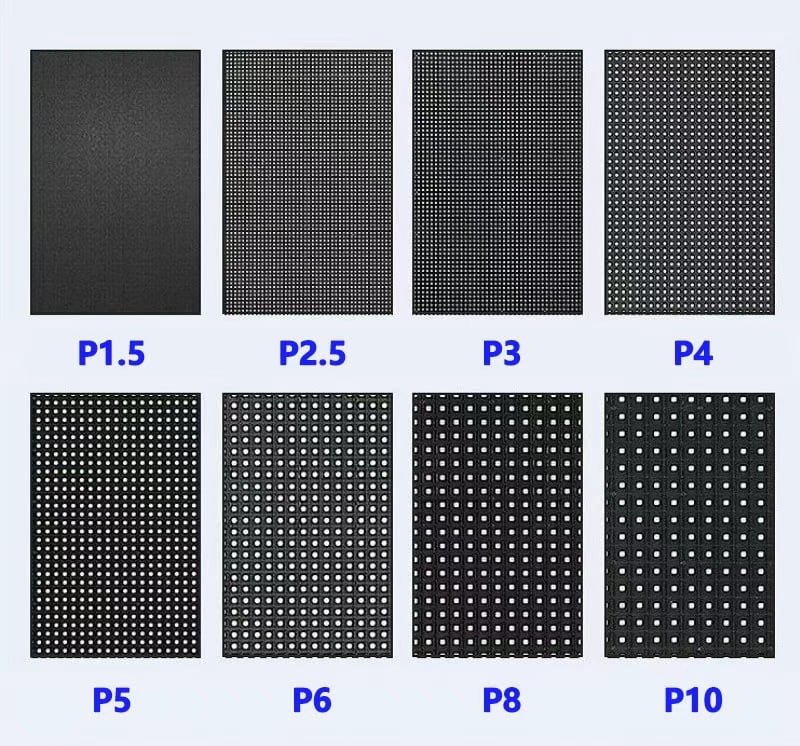 Visual comparison showing how different LED video wall pixel pitches affect image clarity from P2.6 to P10.jpg