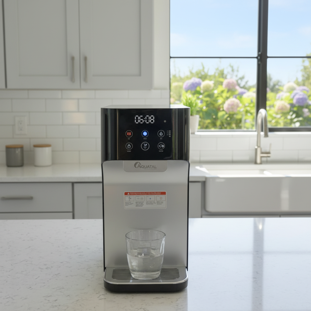 Nuevo diseño de dispensador de agua eléctrico con sistema RO, agua caliente y fría, carcasa de plástico para uso doméstico e hotelero, instalación de escritorio directa desde fábrica