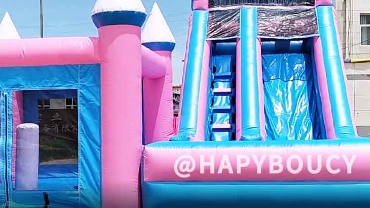 Blue pink inflatable trampoline slide