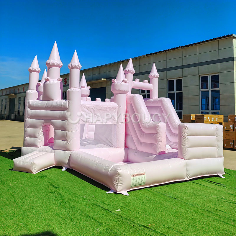 Castello Gonfiabile Rosa Pastello con Scivolo e Vasca con Palline Castello Elastico Rosa da Principessa Combinato per Matrimoni e Feste