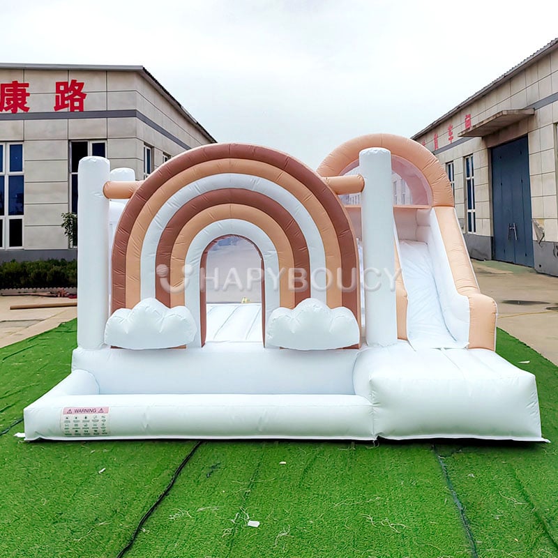 Columpio Inflable Neutro Arcoíris Blanco y Marrón con Doble Tobogán y Piscina de Bolas Castillo de Salto de Lujo para Niños