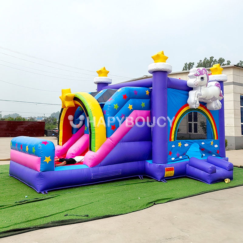 PVC Eenhoorn opblaasbaar springkasteel combinatie glijbaan paarse regenboog eenhoorn springhuis