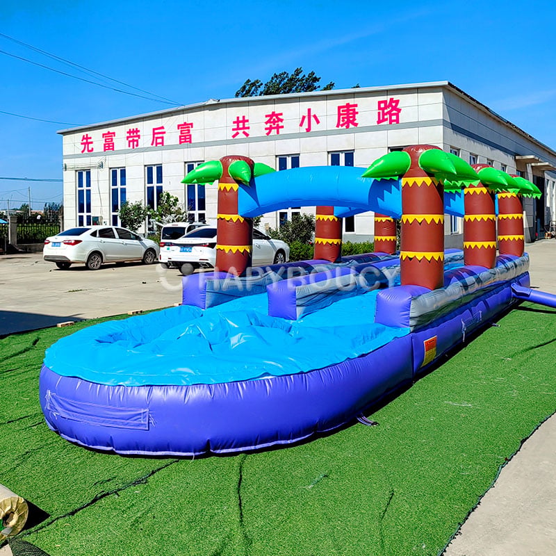 Scivolo acquatico doppio blu con palme per adulti, scivoli gonfiabili per parchi acquatici e piscina a schiuma, ideale per bambini e adulti