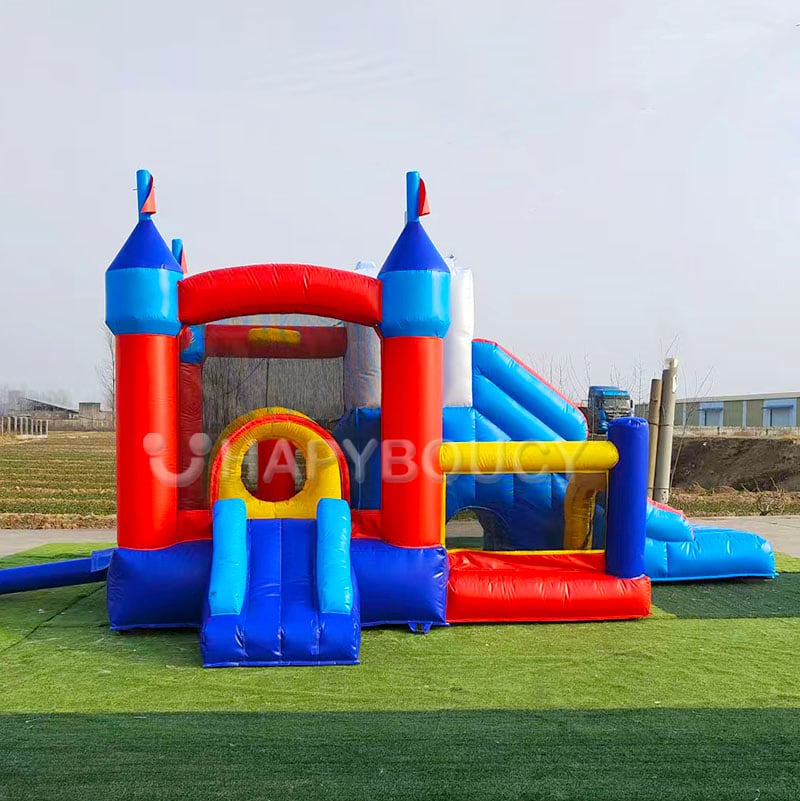 Caisleán Inflatable Pvc Tráchtála le Sleamhnán agus Cobthóch Liathróidí Cobthóch Inflatable Jumping Castle Comhbheartú