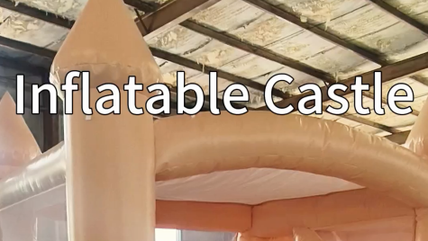 Warm peach-colored inflatable trampoline with a pool