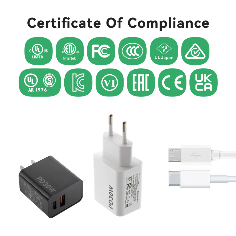 Πρότυπος Φορτιστής Ηνωμένων Πολιτειών 30W PD Γρήγορης Φόρτισης με Διπλές Θύρες
