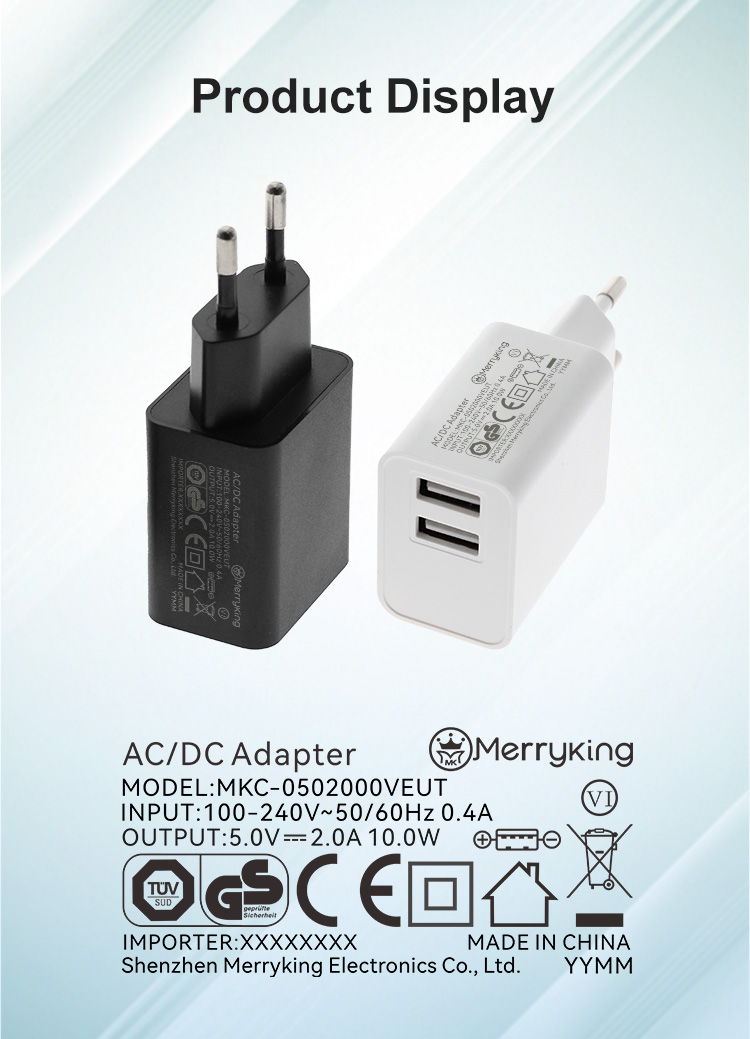 EU Plug 5V 800mA Dual USB A Charger