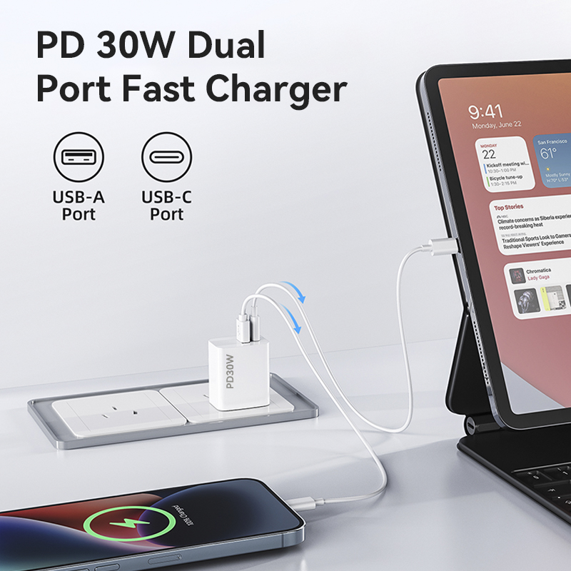 Πρότυπος Φορτιστής Ηνωμένων Πολιτειών 30W PD Γρήγορης Φόρτισης με Διπλές Θύρες