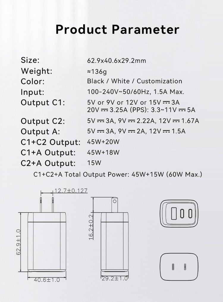American Plug 65W GaN 3 in 1 Fast Charger
