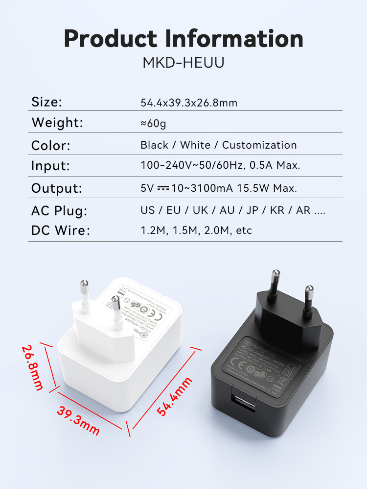 EU Plug 5V 2.5A Wall Mounted USB Charger