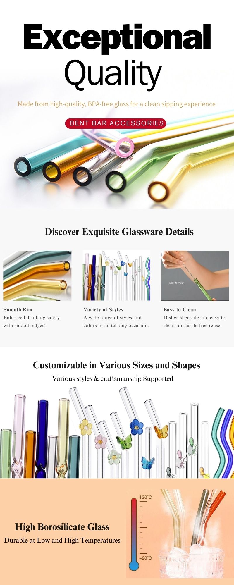 Reusable Drinking Bent Colorful Glass Straws Eco-friendly manufacture
