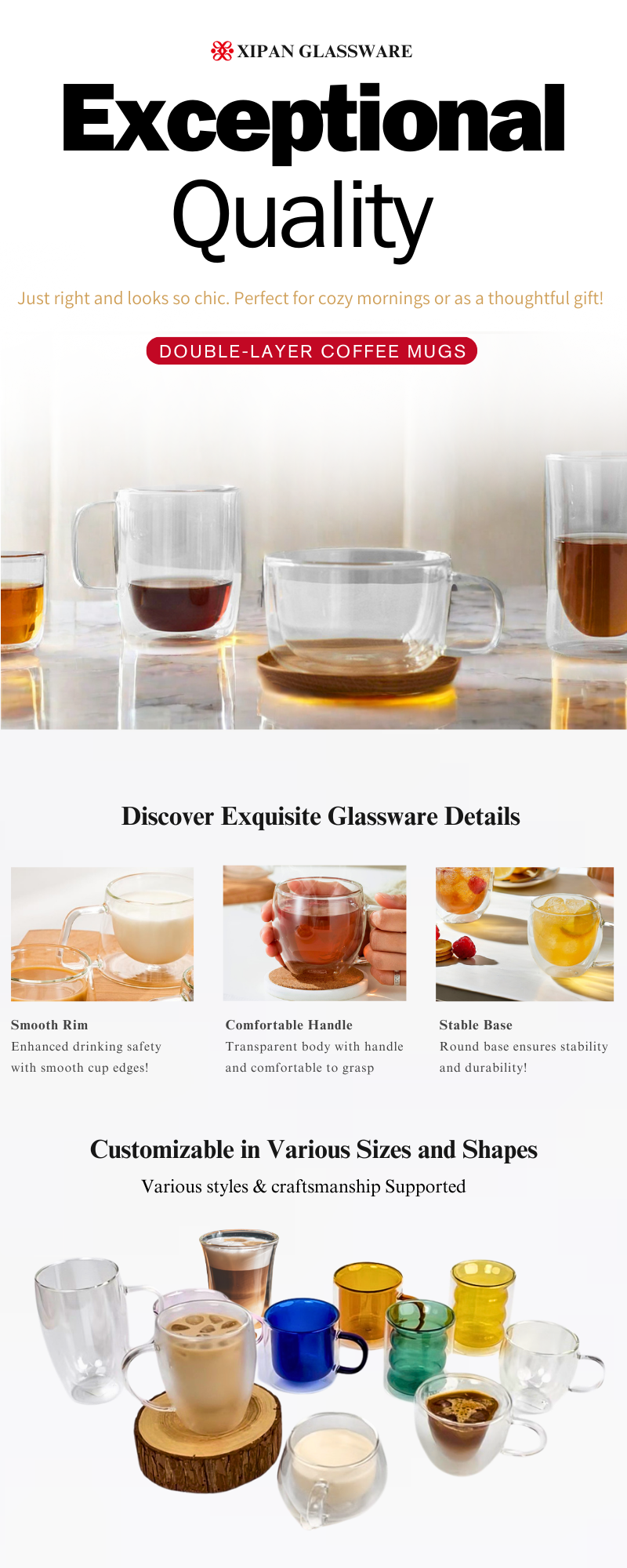 Premium Quality Double Walled Glass Coffee Mugs with Handles Set of 2 supplier