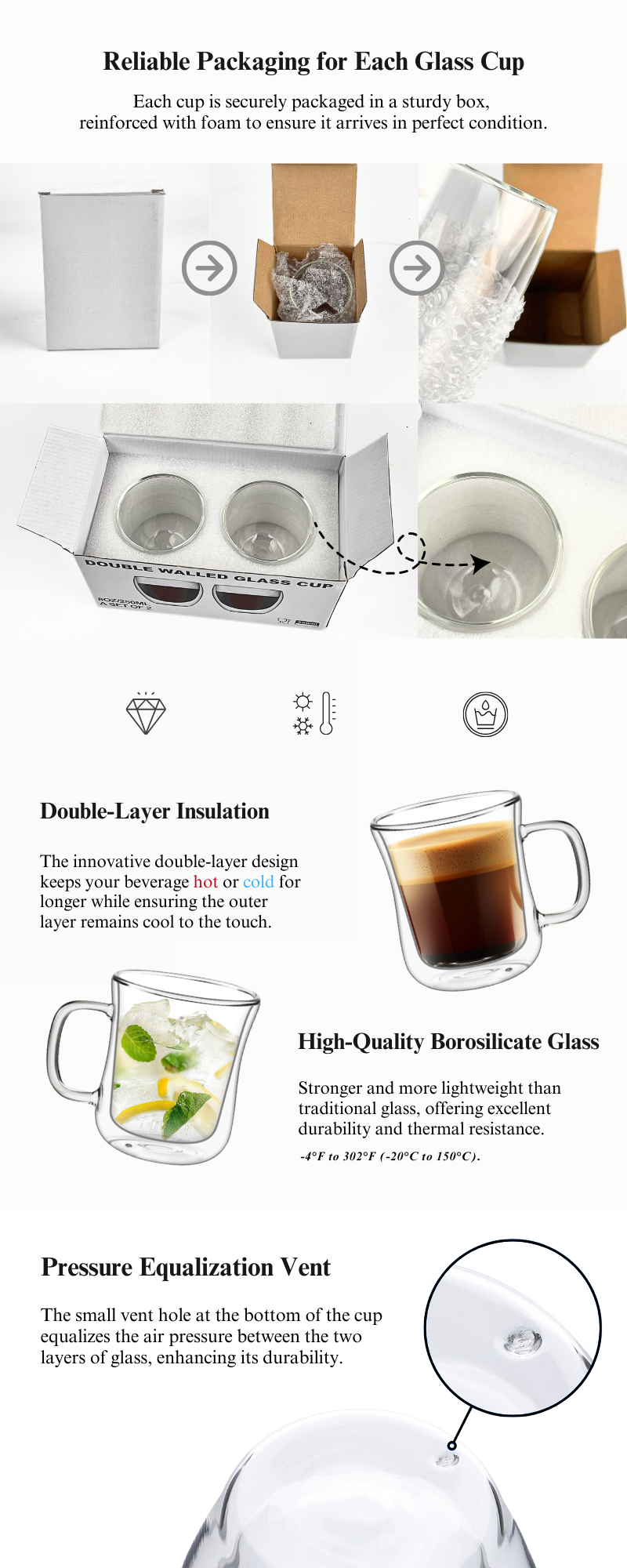 Premium Quality Double Walled Glass Coffee Mugs with Handles Set of 2 factory