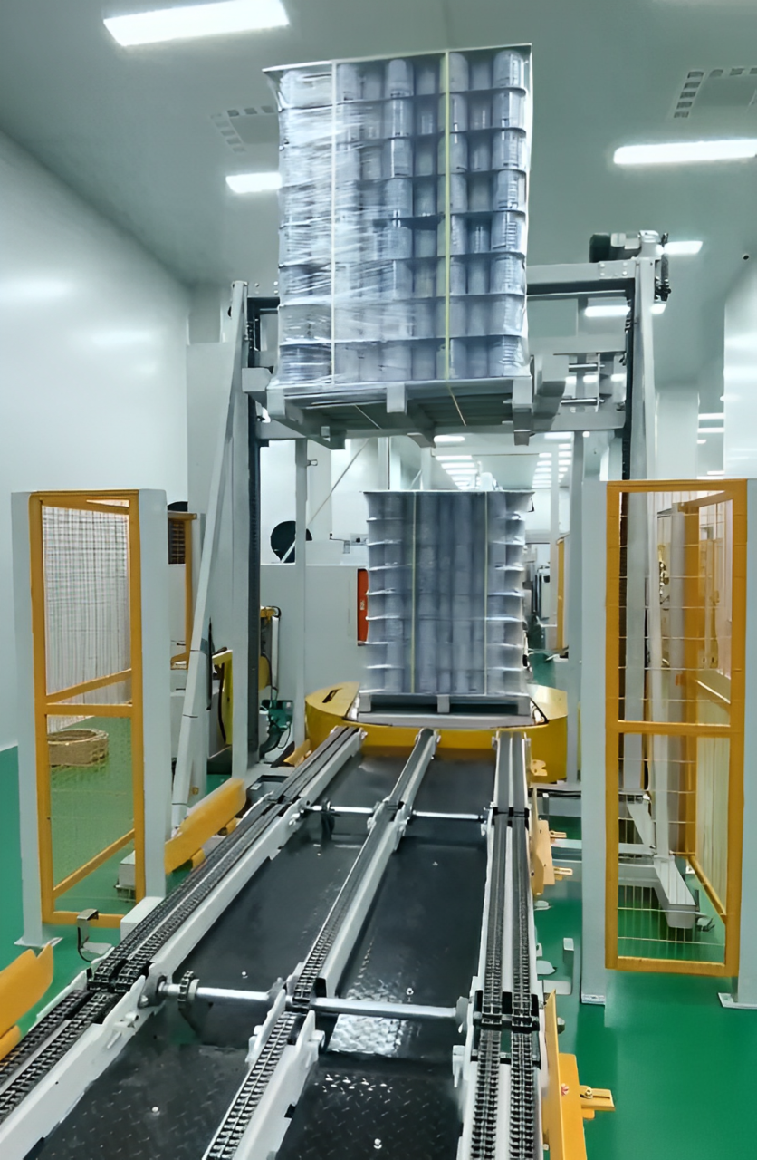 Ma Maka Paeliti Stacker Machine Ọdọda Na Fully Automated Stacking Paeliti Solution,Rectangular Round Metal Container Packaging End Paeliti Series,Aluminum Beverage Can Line Equipment Supplier, Robot Tinplate Paeliti Stackable Machinery