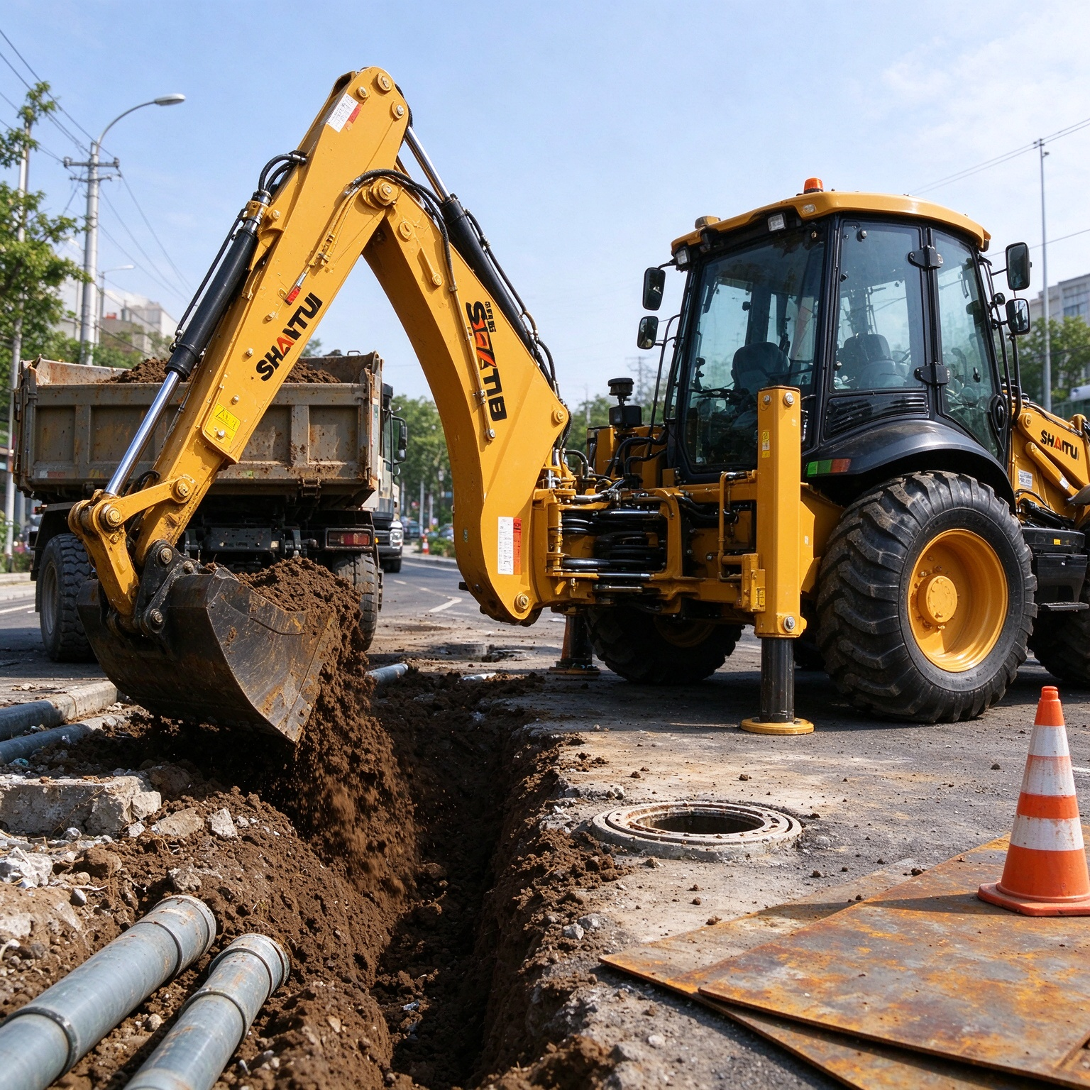 Shantui BL75-C SD backhoe loader road trenching.png