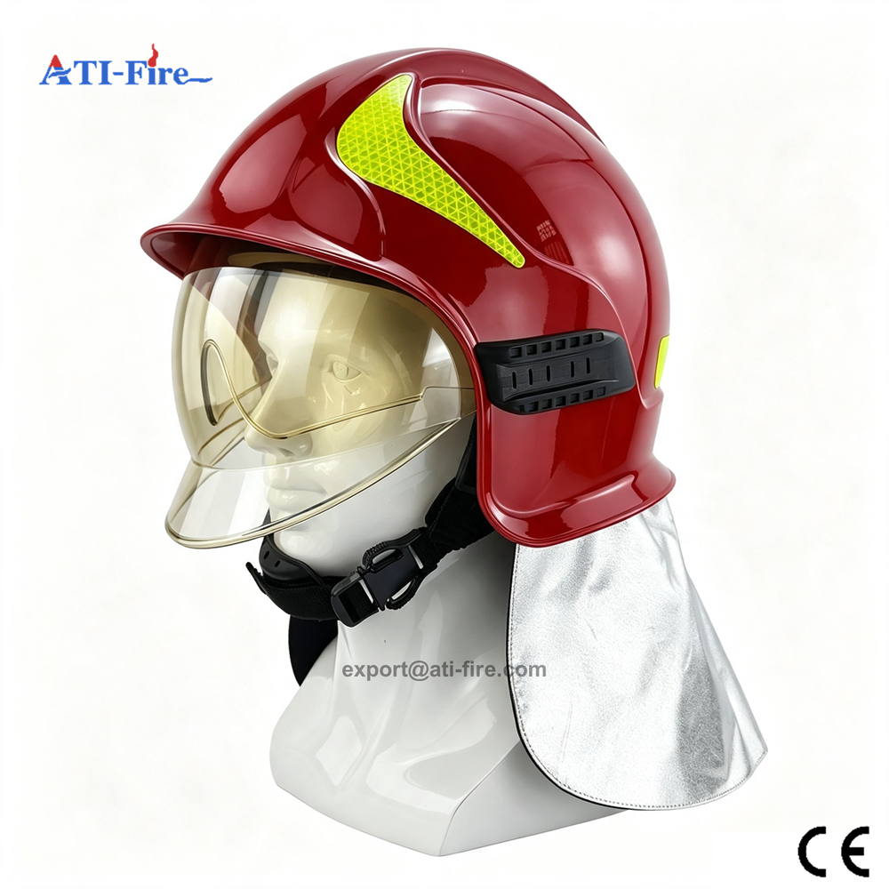 EN European Style Red Firefighter Helmet With Double Face Mask ATI-RH-01 A1