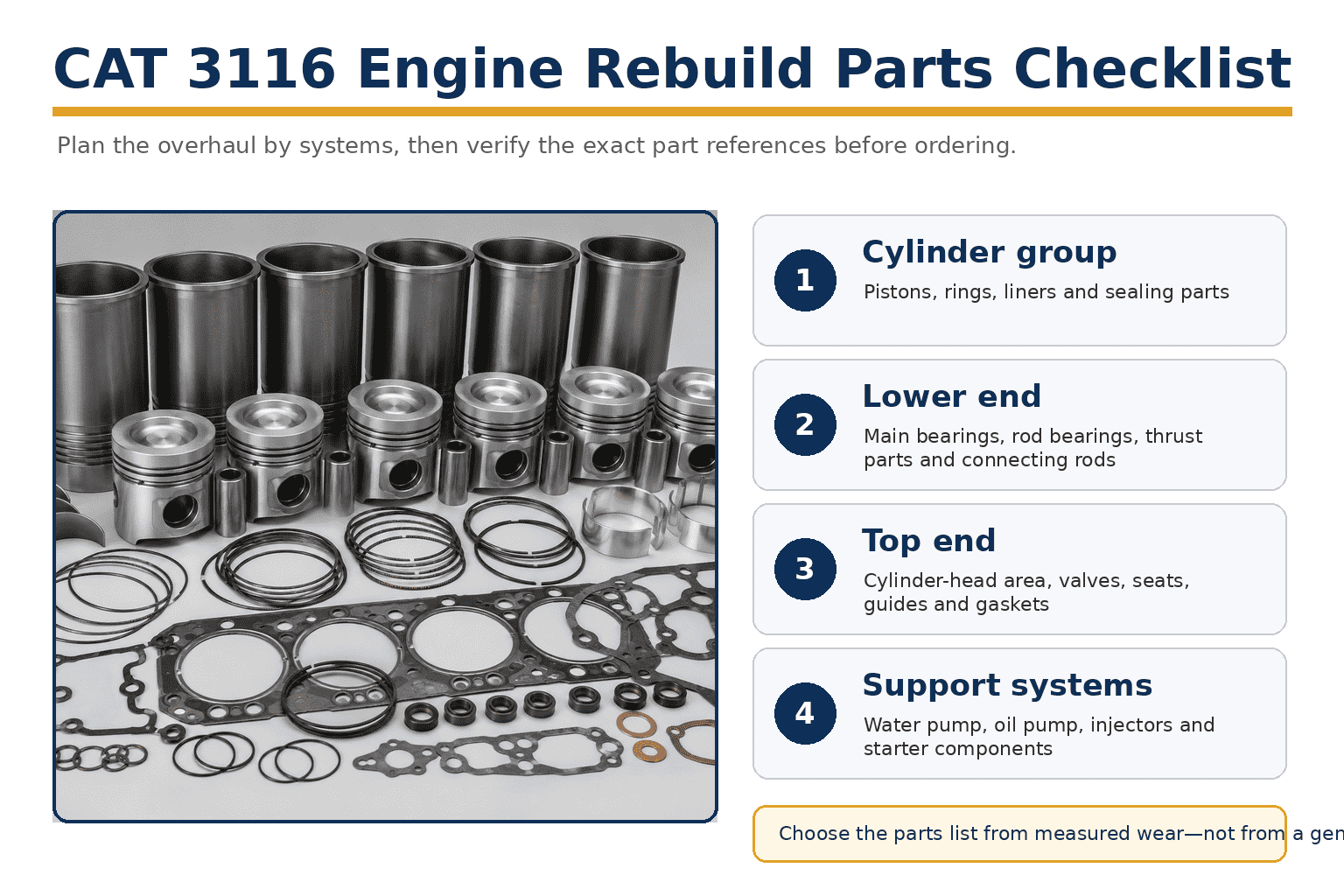CAT 3116 Engine Rebuild Parts Checklist: Piston, Bearings, Valves, Water Pump and More