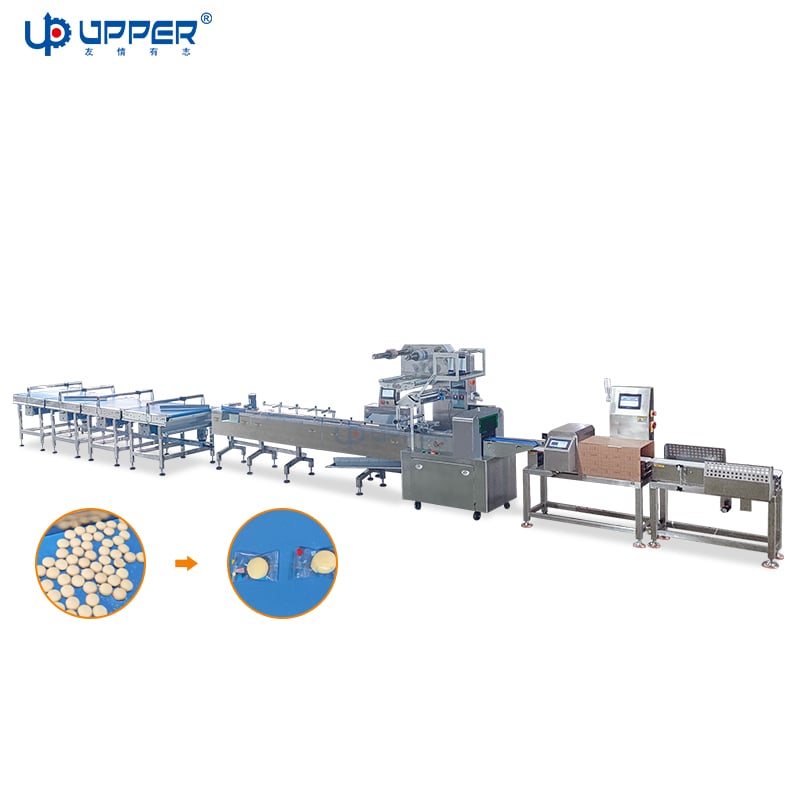 Small cookies automatic feeding and packaging line with metal detection machine for food packing