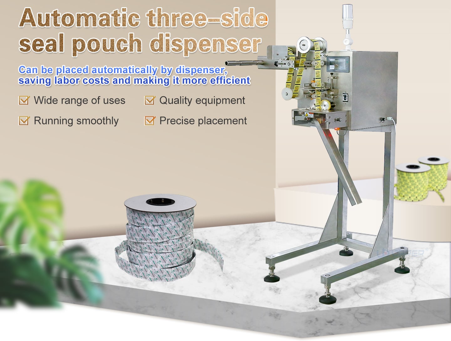 Automatic three-sideseal pouch dispenser manufacture
